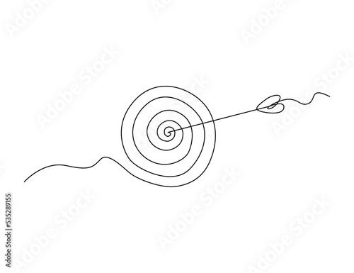 Continuous one line drawing of arrow shoted on the target. Arrow archery business challenge metaphor line art drawing vector illustration.
