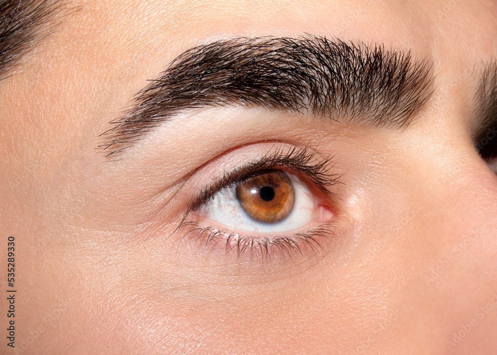 Obraz premium Image of man's brown eye close up. Insightful look.