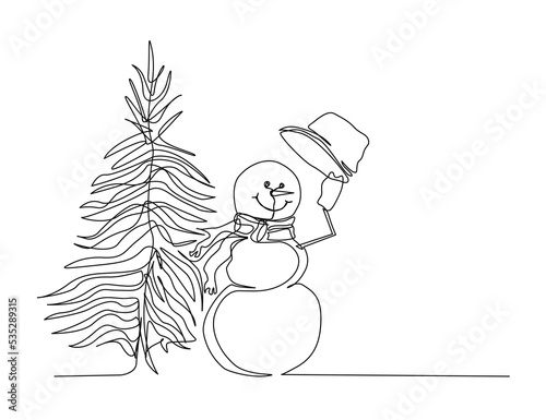 Continuous one line drawing of snowman and crhismas tree. Winter snowman wearing scarf and hat line art drawing vector illustration.