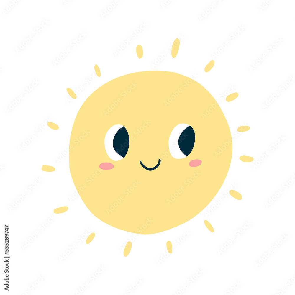 Cute kawaii sun in cartoon flat style. Vector illustration of kids sun icon with happy face for poster, fabric print, card, kids apparel