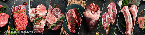 Background: meat and steak. Set of different types of meat. Photo collage.
