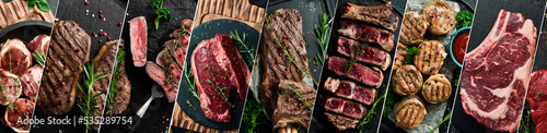 Background: meat and steak. Set of different types of meat. Photo collage. photo