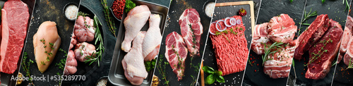 Background: meat and steak. Set of different types of meat. Photo collage.