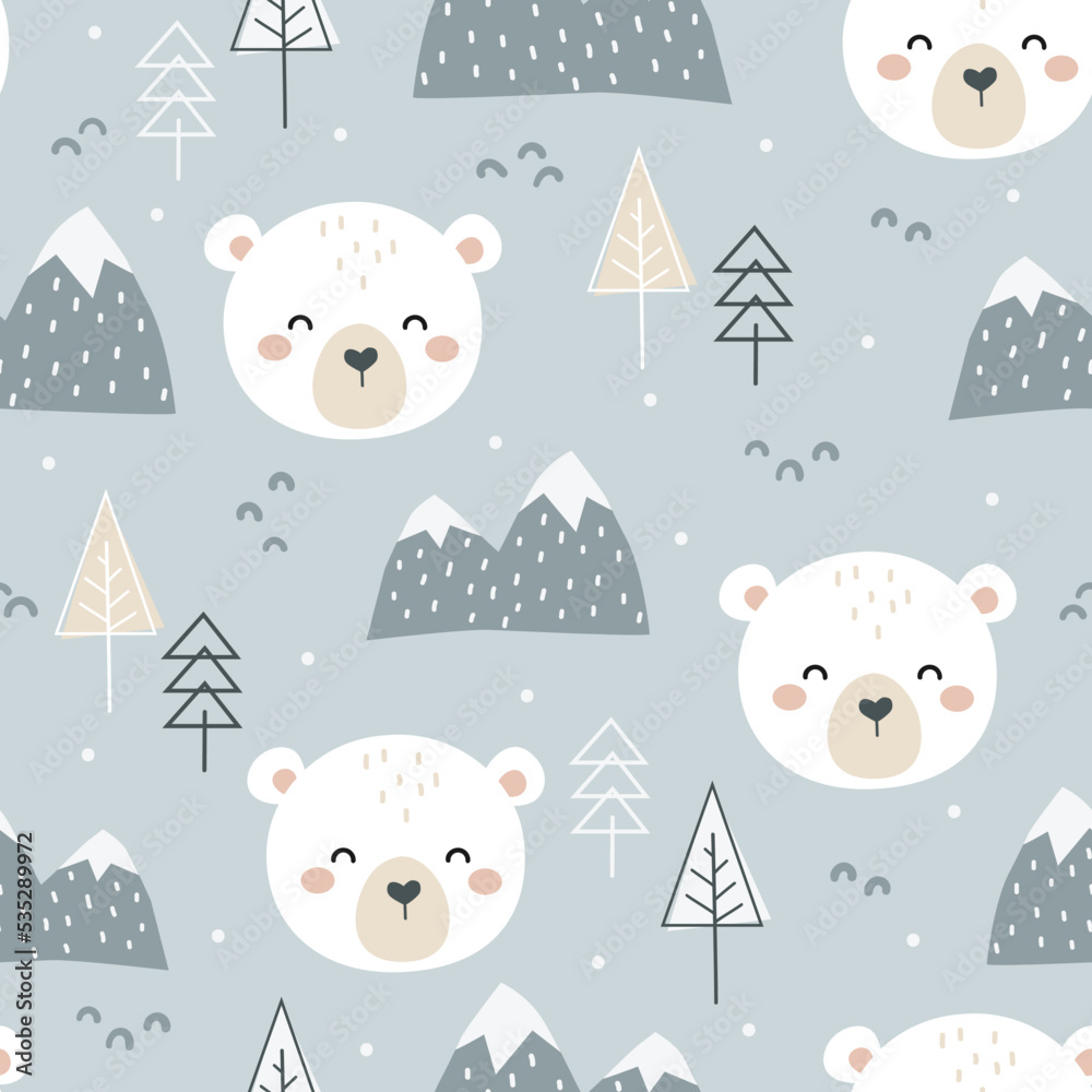 Cute hand drawn seamless pattern with Polar Bear, forest element and ...