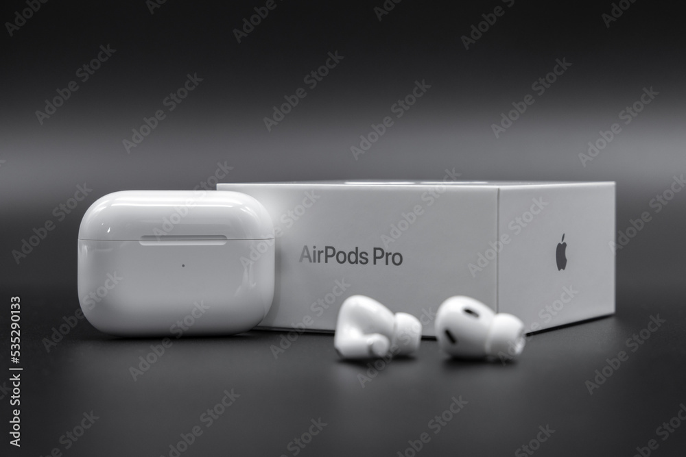 Apple AirPods Pro 2nd generation next to packaging box and charging case,  October 2, 2022, Germany Stock Photo | Adobe Stock