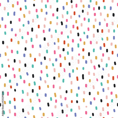 Cute hand drawn seamless pattern with Colorful short vertical brushstrokes. Abstract Multicolored doodle stain on white background. design for background, wallpaper, wrapping, fabric, textile, apparel