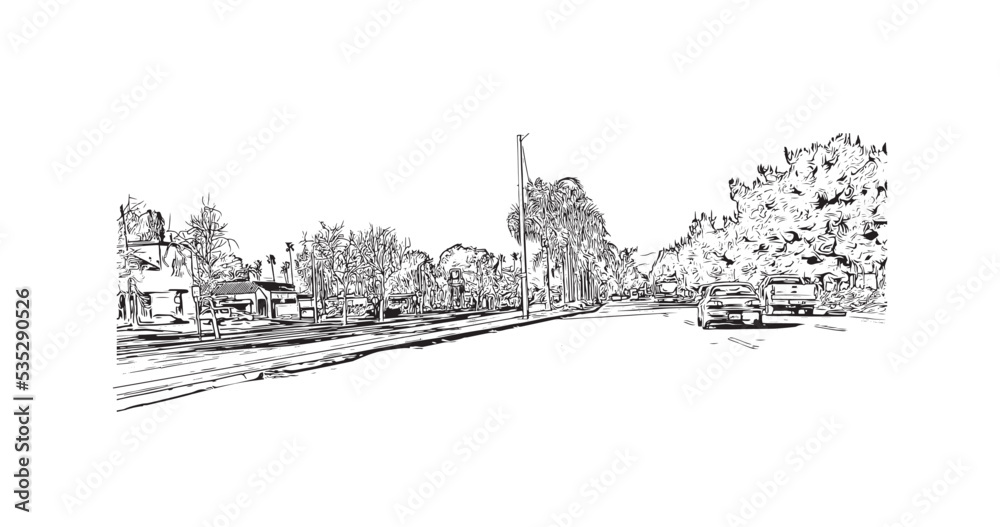 Building view with landmark of Oxnard is the 
city in California. Hand drawn sketch illustration in vector.