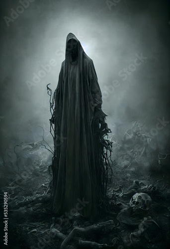 Grim reaper , creepy graveyard. Digital art photo