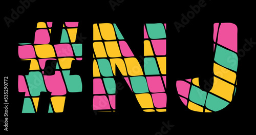 NJ Hashtag. Tricolor isolated letters from contrast flowing fluid shapes. 3 colored Hashtag #NJ is abbreviation for the US American state New Jersey for social network, web resources, mobile app
