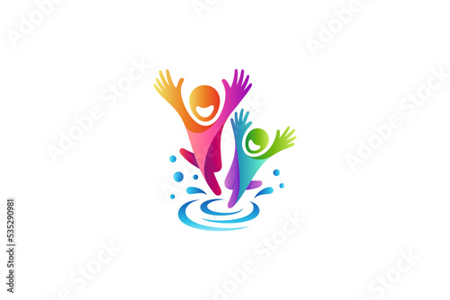 parents with children or brothers and sisters playing cheerfully in puddles, creative logo design