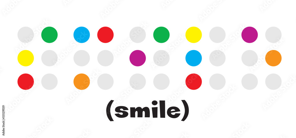 Slogan smlie to blindness language, letter visual braille code or alphabet text. Braille is a reading and writing alphabet specially developed for the blind. Vector blind message sign. Dots reading