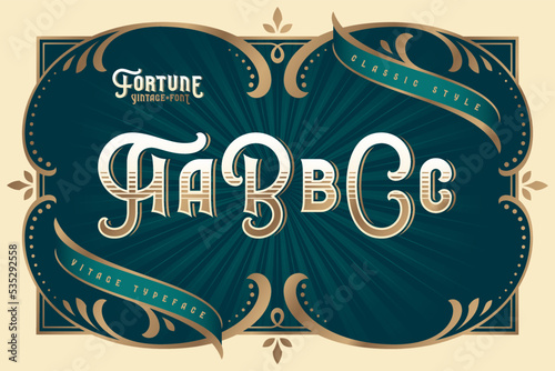 Fortune Vintage vector font set with decorative design elements