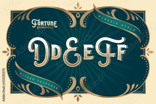 Fortune Vintage vector font set with decorative design elements