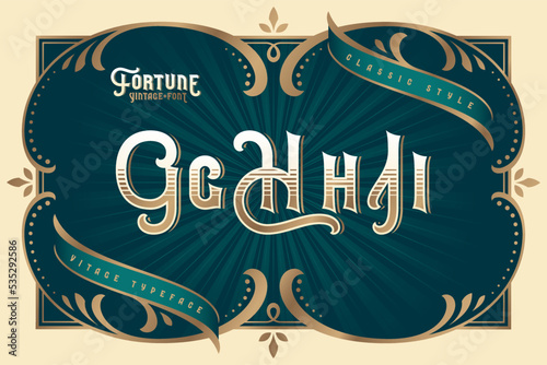 Fortune Vintage vector font set with decorative design elements