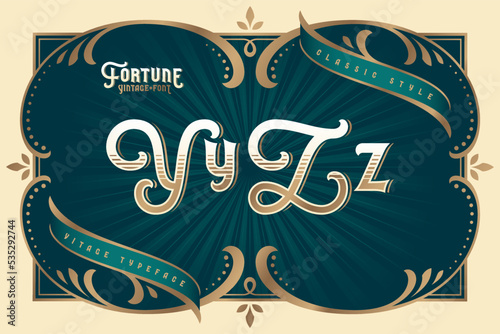 Fortune Vintage vector font set with decorative design elements