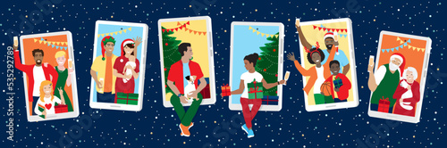 Merry Christmas, Happy New Year  vector banner, family with kids, parents, friends virtual meeting, diverse group of people at online party, celebrating from home. Phone screens, gift box, Santa hat