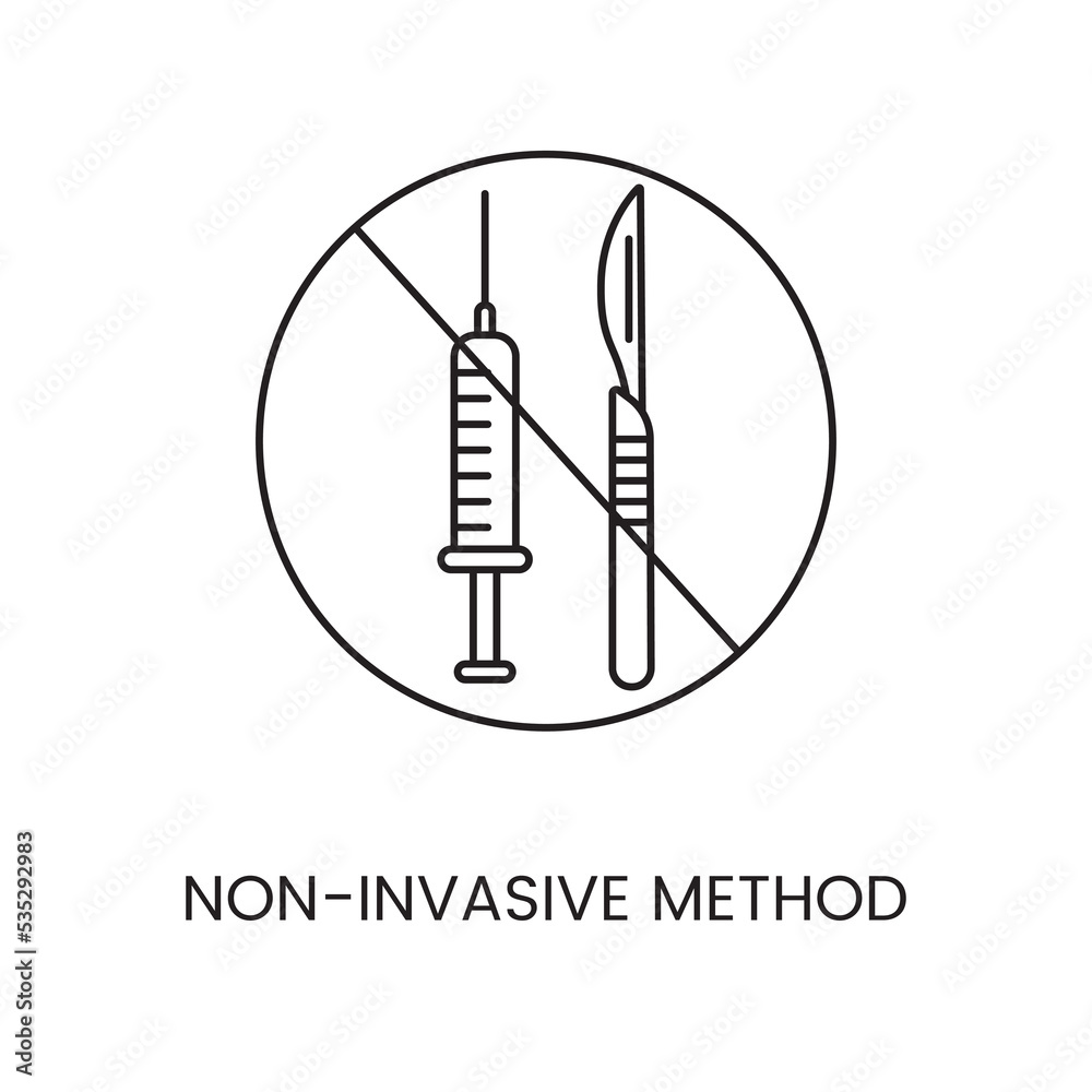 Non-invasive method of line icon, vector illustration of a crossed out syringe and scalpel. Non-invasive method of line icon, vector illustration of a crossed out syringe and scalpel.