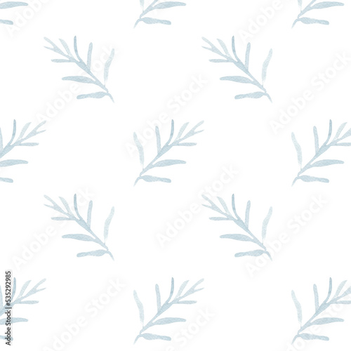 Fototapeta Naklejka Na Ścianę i Meble -  Seamless pattern, background, texture print with light watercolor hand drawn blue color dusty leaves, fern greenery forest herbs, plants. Delicate, elegant textile fabric, wrapping paper background mo