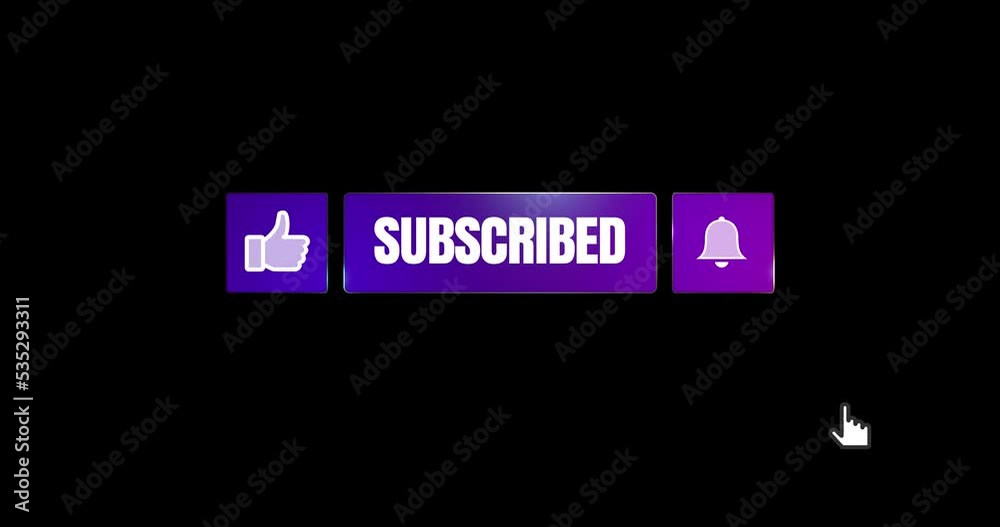 Mouse clicking like button, subscribe button and bell notification.Purple and blue colors. Social media interface. 4K animation with alpha channel