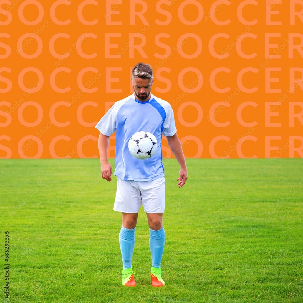 Square image of multiplied soccer and caucasian male player with ball Square image of multiplied soccer and caucasian male player with ball