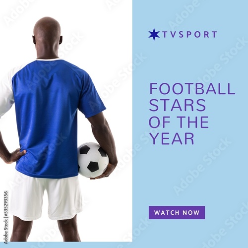 Square image of football stars of the year and back view of african american male football player