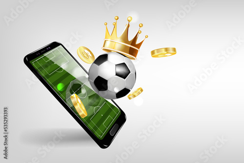 Mobil phone with soccer ball, gold crown and falling coins on a white background.