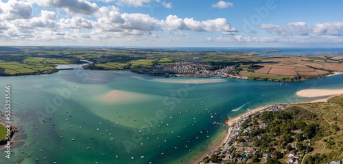 Aerial panorama view of Padstow and Rock on The Camel Estuary in Cornwall photo