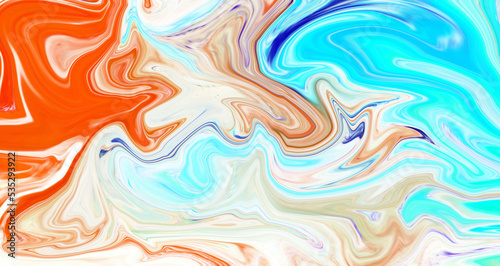Hand Painted Background With Mixed Liquid Orange Blue Paints. Abstract Fluid Acrylic Painting. Marbled Colorful Abstract Background. Liquid Marble Pattern.