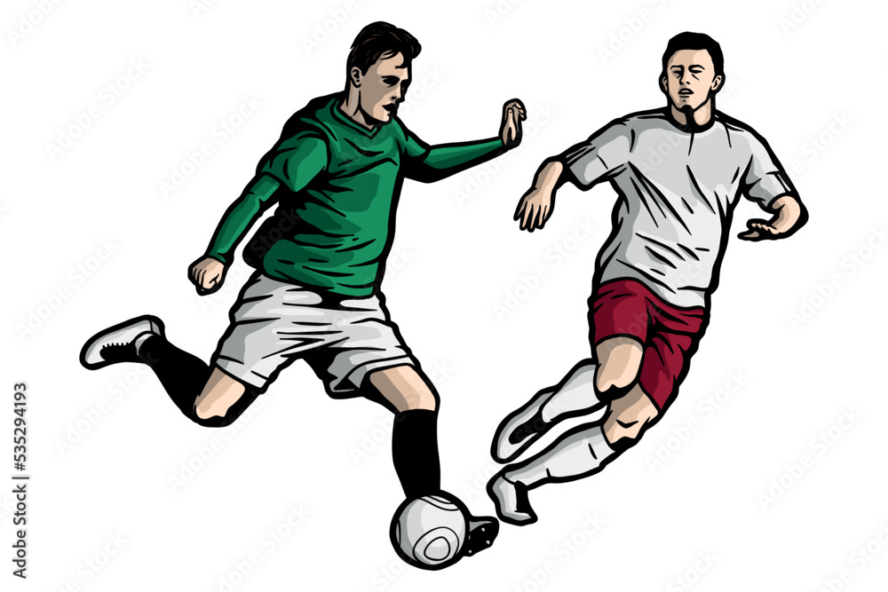 Soccer players kicking ball - vector illustration