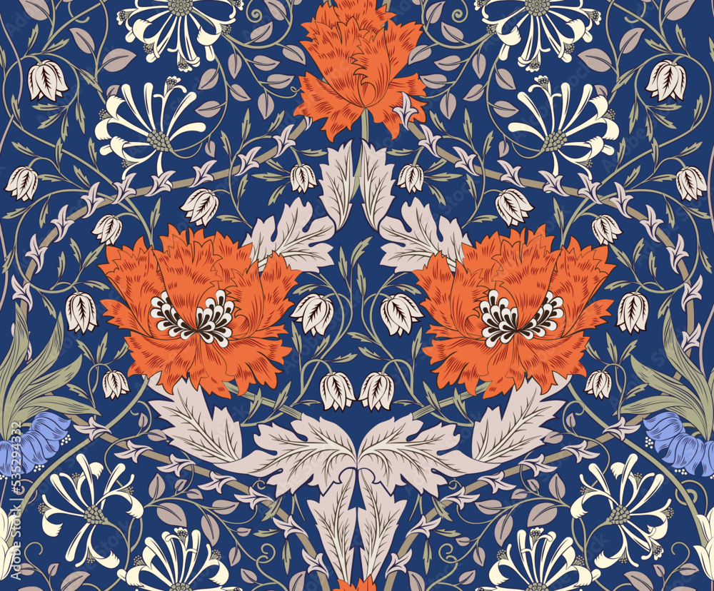 Floral seamless pattern with big orange flowers on dark blue background. Vector illustration.