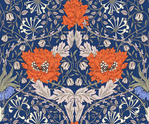 Floral seamless pattern with big orange flowers on dark blue background. Vector illustration.