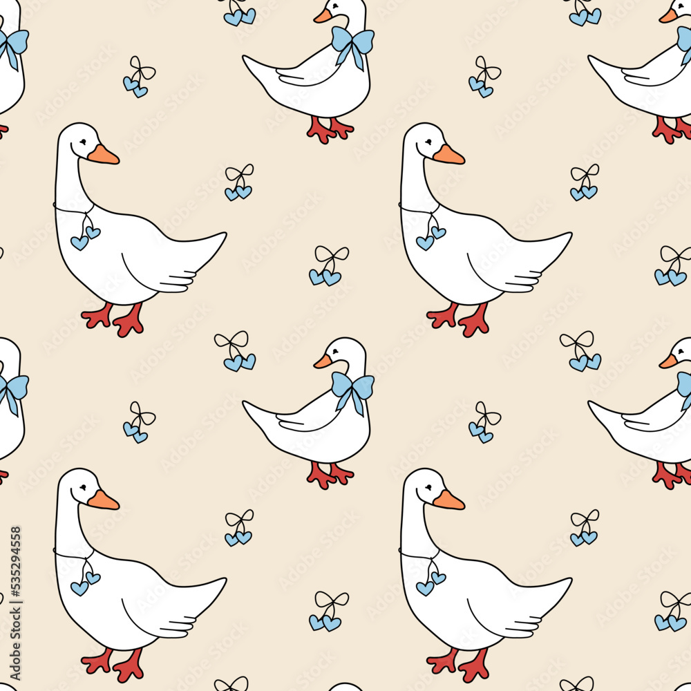 Seamless vector pattern, geese. Goose and goose with blue hearts and a bow on a beige background. Hand drawn illustration for kitchen, decoration, fabric, print. Seamless vector pattern, geese. Goose and goose with blue hearts and a bow on a beige background. Hand drawn illustration for kitchen, decoration, fabric, print.