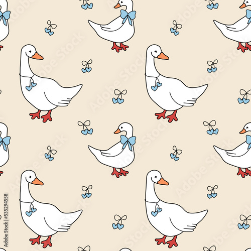 Seamless vector pattern, geese. Goose and goose with blue hearts and a bow on a beige background. Hand drawn illustration for kitchen, decoration, fabric, print.