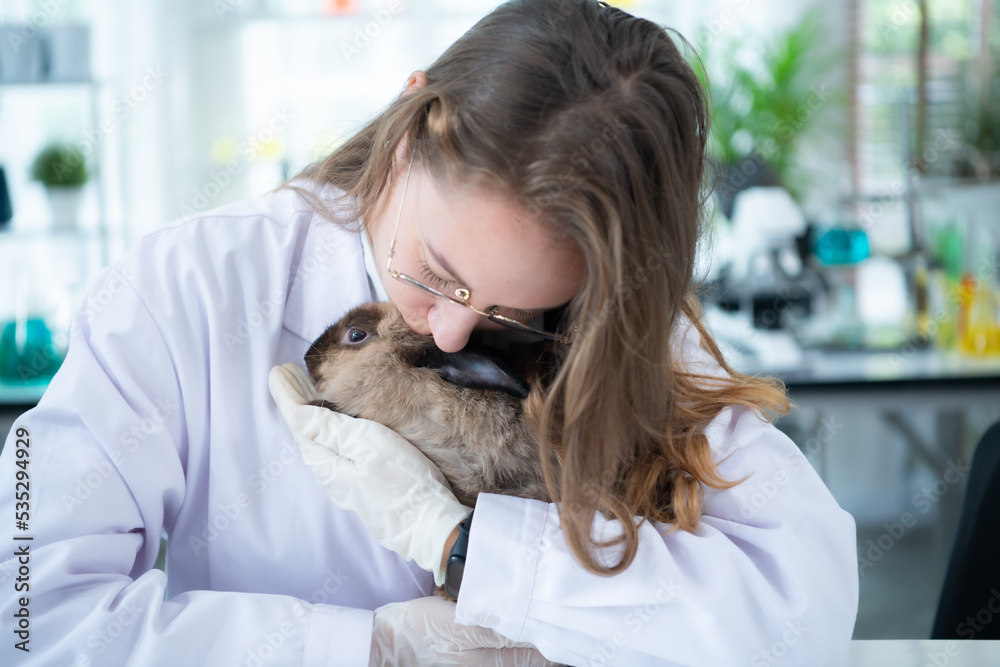 Veterinarian treating sick rabbits He is giving the young bunnies the