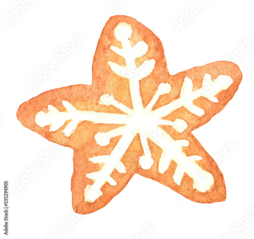 Hand drawn watercolor winter biscuit Gingerbread. Christmas celebration. Holidays New Year. Hand drawn food illustration. Cafeteria menu, beverage, bakery. Biscuit png watercolour drawing. 