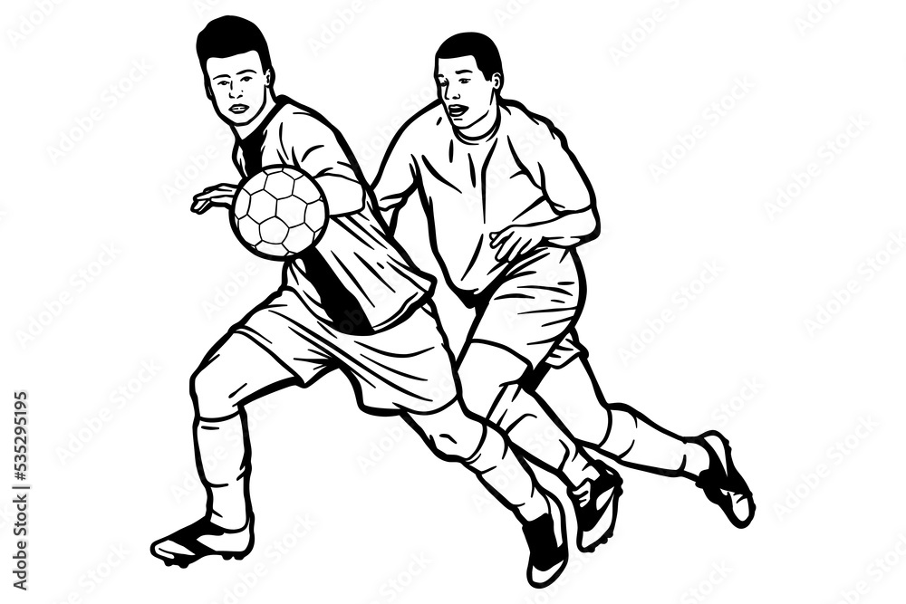 Two soccer players fighting for the ball - Out line Two soccer players fighting for the ball - Out line