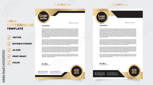 gold letterhead template for business company stationery design with A4 sheet vector format and editable layout in golden color