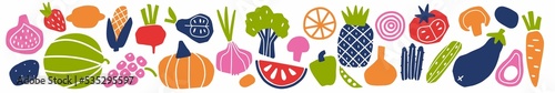 Horizontal pattern of vegetables and fruits hand-drawn doodles in Scandinavian style