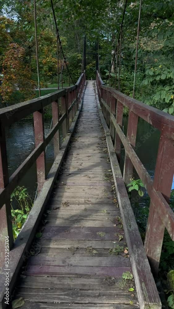 Wooden narrow bridge over river in forest in autumn. Vertical footage Wooden narrow bridge over river in forest in autumn. Vertical footage