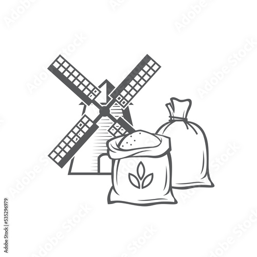 monochrome illustration of windmill and sack isolated on white background