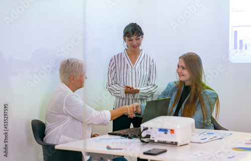 Business people working on laptop in office and meeting with colleague. Business people in meeting room.