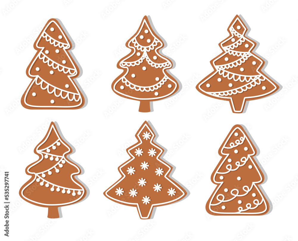 Christmas gingerbread trees cookies set of illustrations in cartoon style. Celebration flat isolated vector.New year happy festive background.