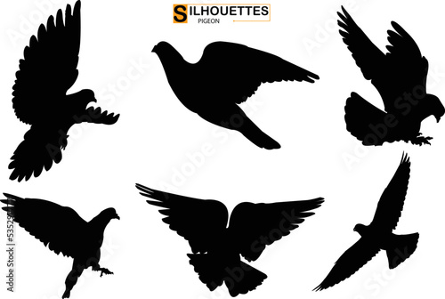 
Set of silhouettes of flying birds pigeon silhouettes on  transparent background