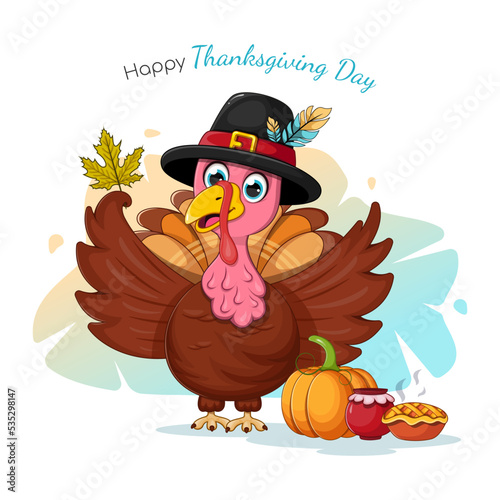 Postcard Happy Thanksgiving Day with cartoon turkey