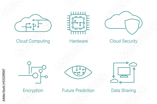 cloud computing icon set hardware, encryption, future prediction, data sharing, cloud services, search, artificial intelligence, data base mirroring 