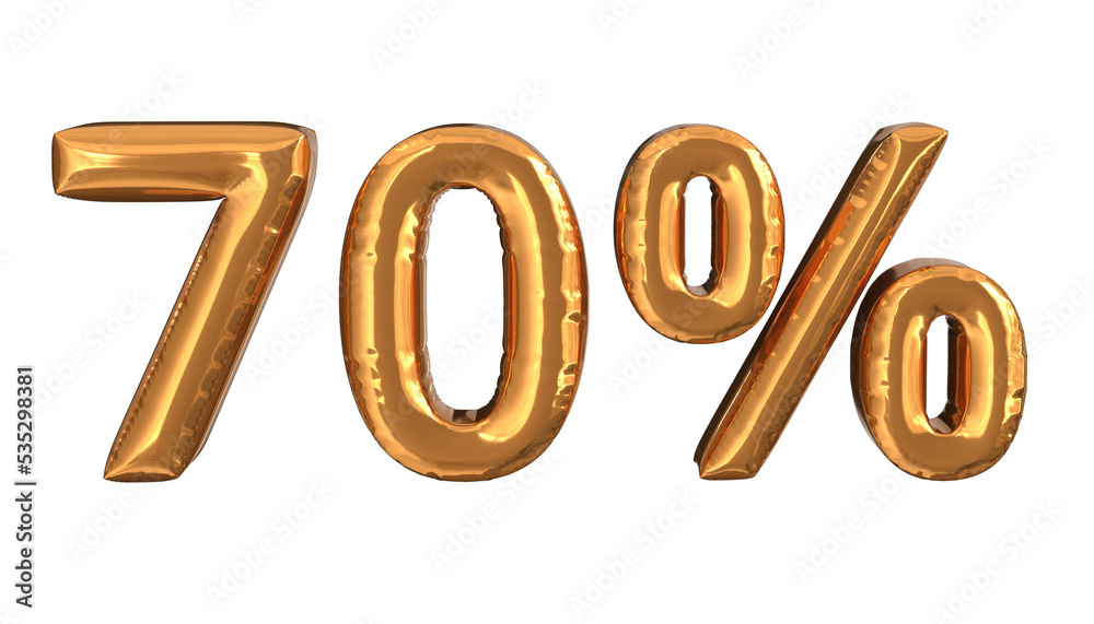 3d rendering of gold foil balloons text of 70%, suitable for advertising