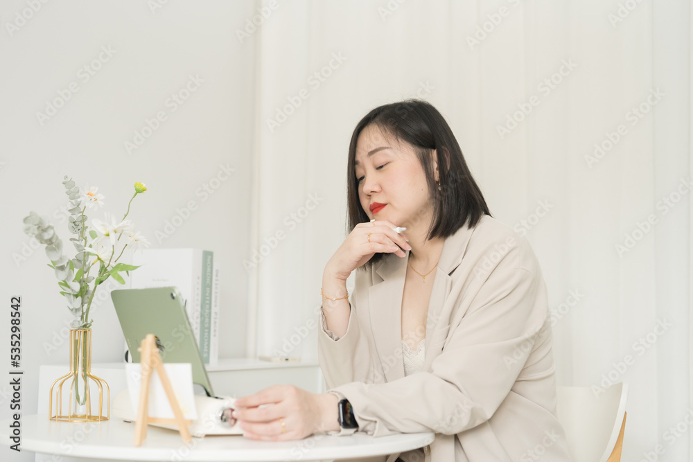 asian business and writer woman smile and happy during think new idea and meeting online asian business and writer woman smile and happy during think new idea and meeting online