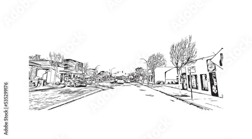 Building view with landmark of Pacific Grove is the city in California. Hand drawn sketch illustration in vector.