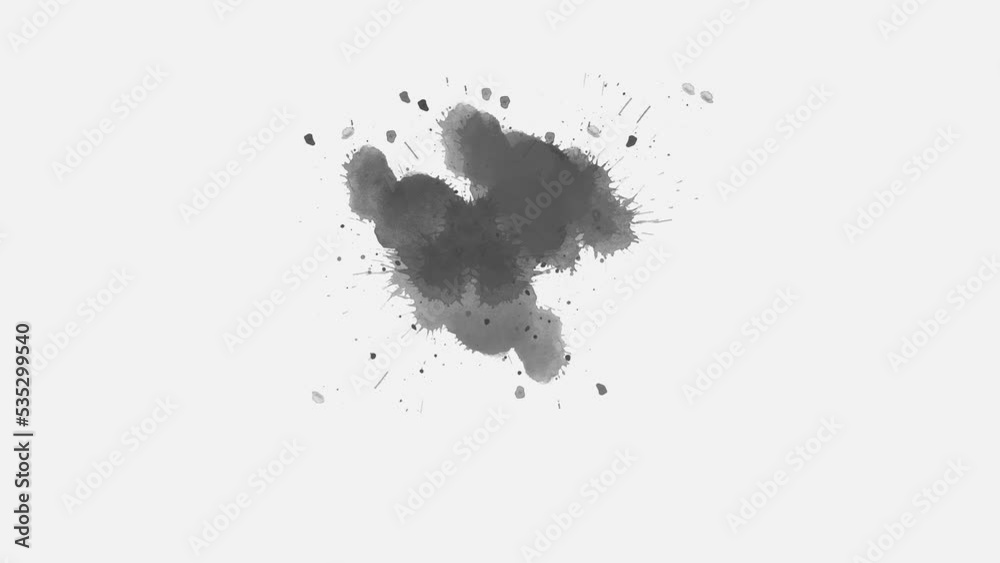 Ink splatters transition animation. Ink brush stroke transition. Ink splash. Abstract inkblot, splat, fluid art, overlay, alpha matte composition.
