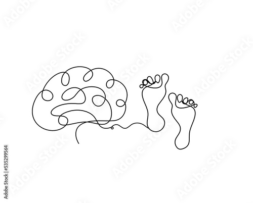 Silhouette of abstract foot with brain as line drawing on white